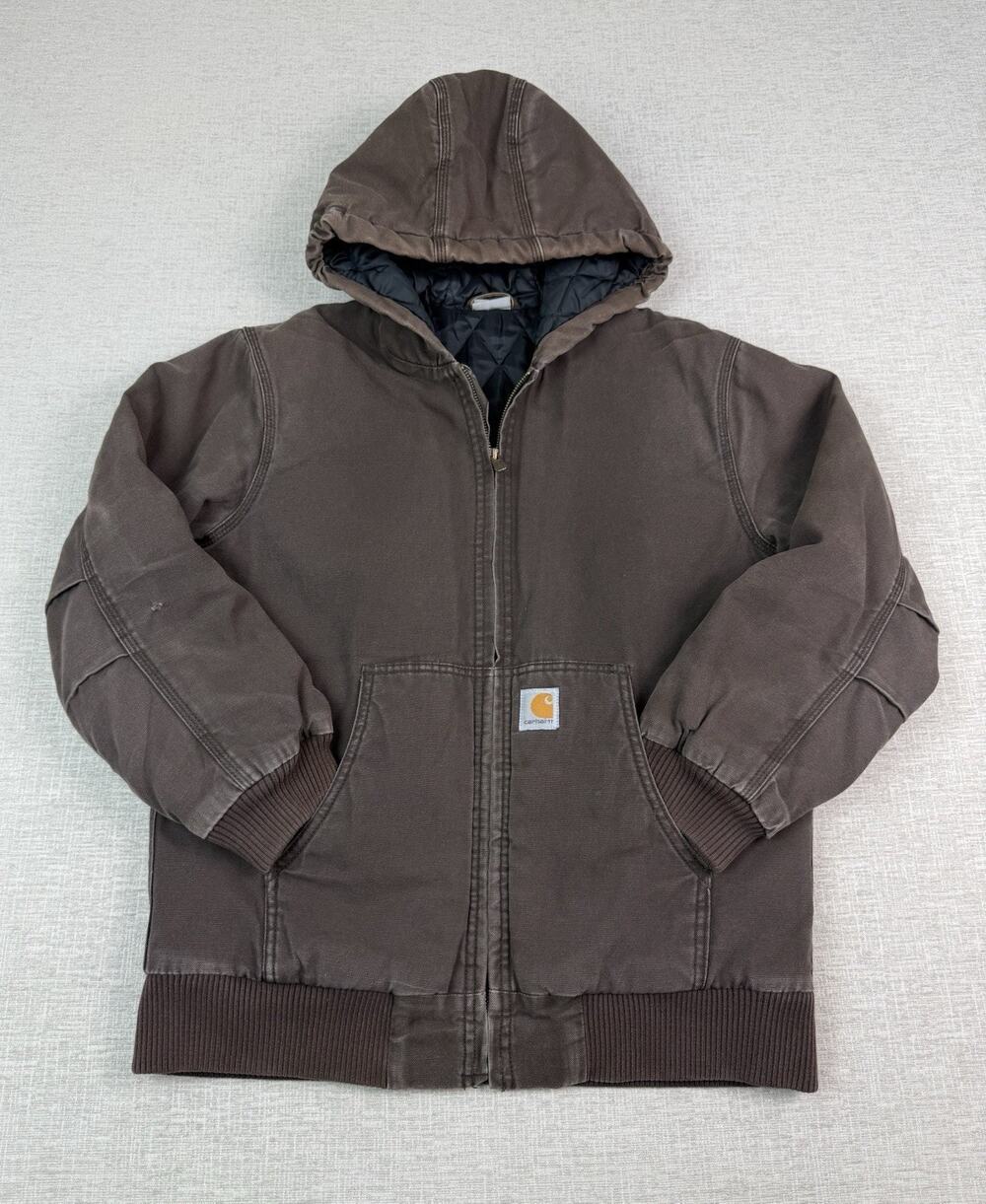 Carhartt Youth Large 14-16 Brown Quilted Lined Duck Hooded Work Jacket